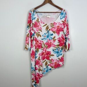 Linda Lundstrom Top Womens 16 Pink White Floral Scoop Neck Kerchief Hem Canada